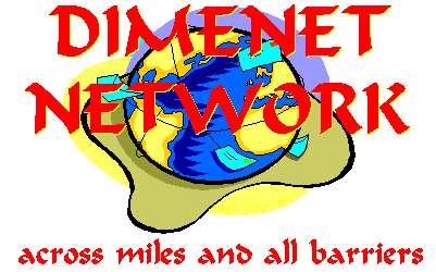 DIMENET Logo - Picture of Earth with letters flying around it back
and forth and motto across miles and all barriers.